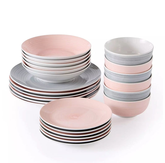 Spinwash Pink & Grey Porcelain Dinnerware Set, 24 Pieces