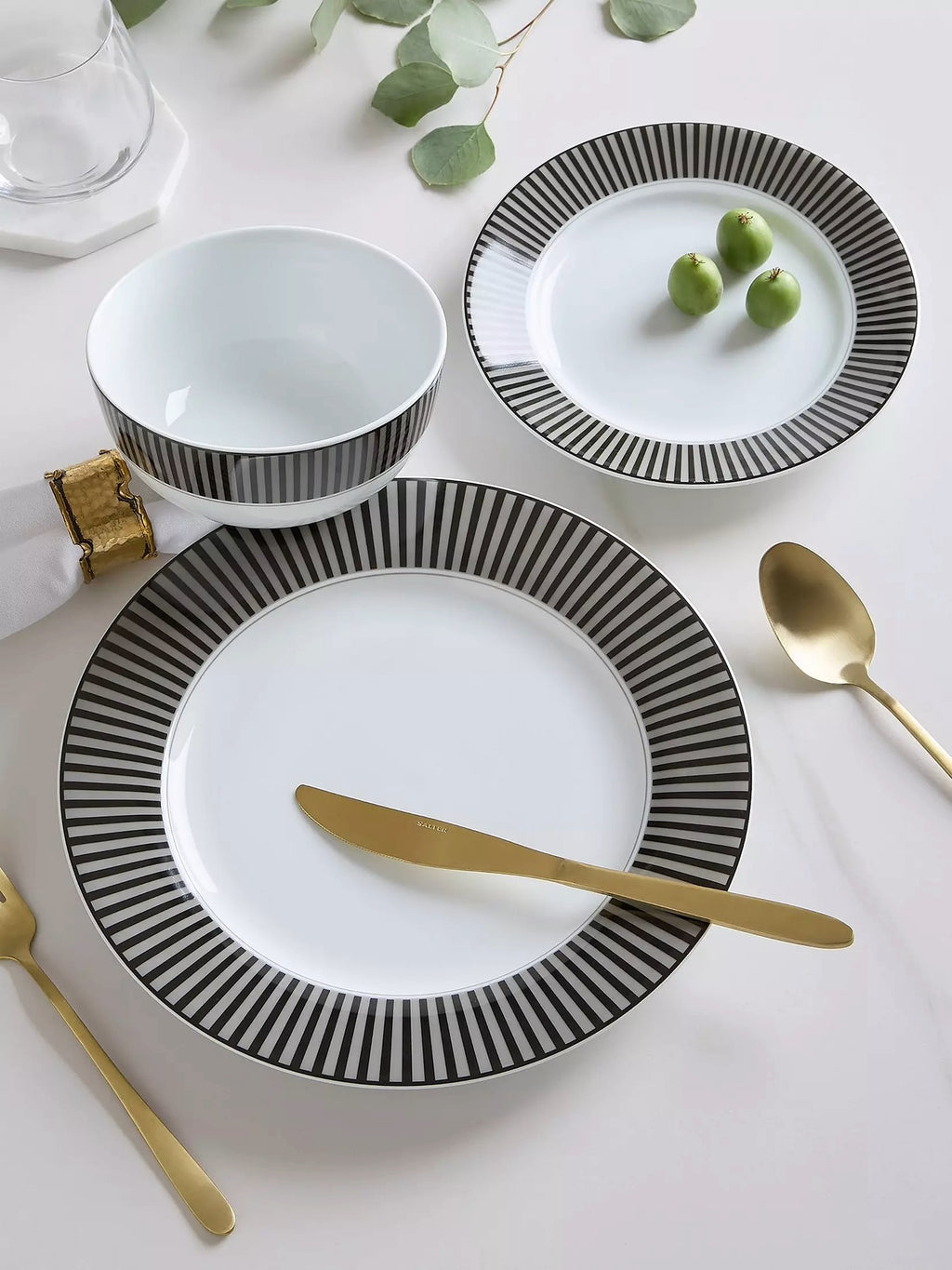 Waterside 12pc Black Stripe Porcelain Dinnerware Set (video attached)