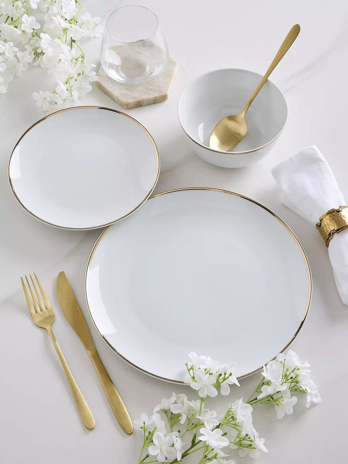 Waterside GOLD Rim Porcelain Dinner Set, 12 Pieces