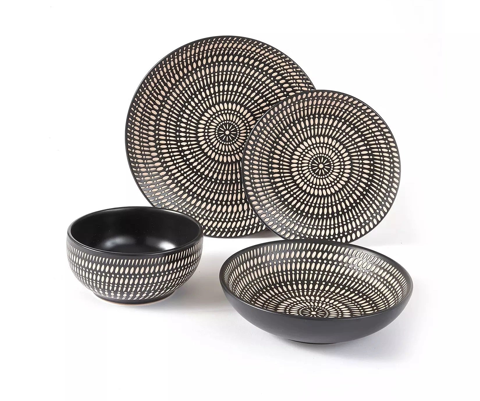 Waterside 16pc Black & Cream Dash Stoneware Dinner Set, 4 Dinner Plates, Side Plates, Deep Bowls and Soup Bowls