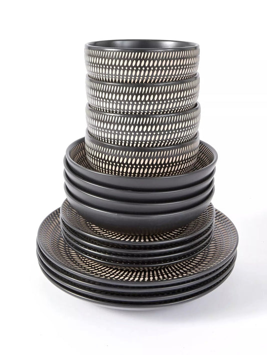 Pad Print Black Stoneware Dinner Set, 16 Pieces