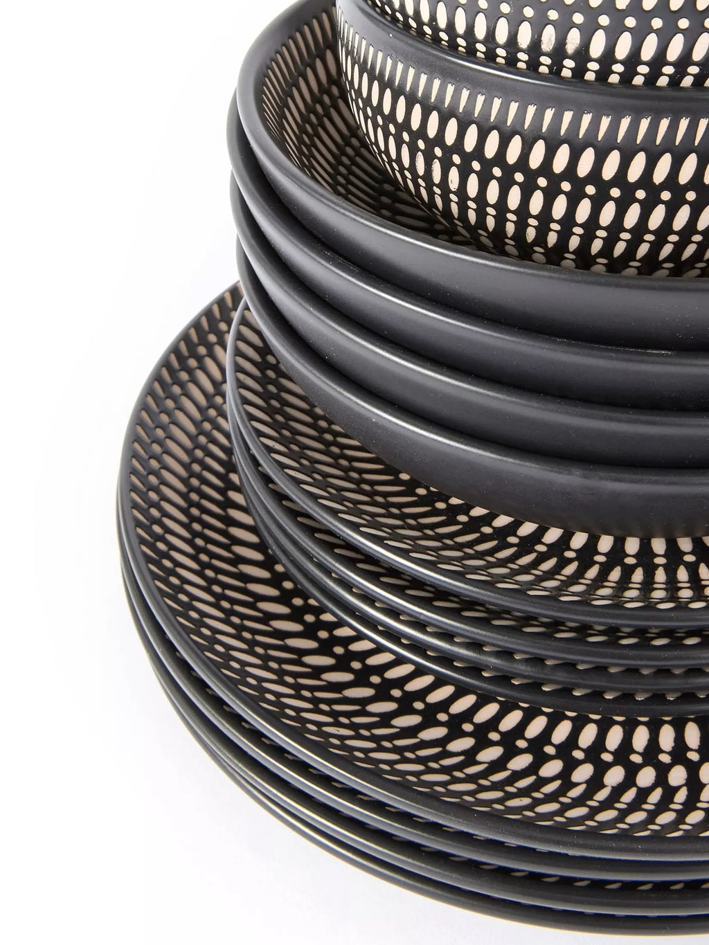 Waterside 16pc Black & Cream Dash Stoneware Dinner Set, 4 Dinner Plates, Side Plates, Deep Bowls and Soup Bowls