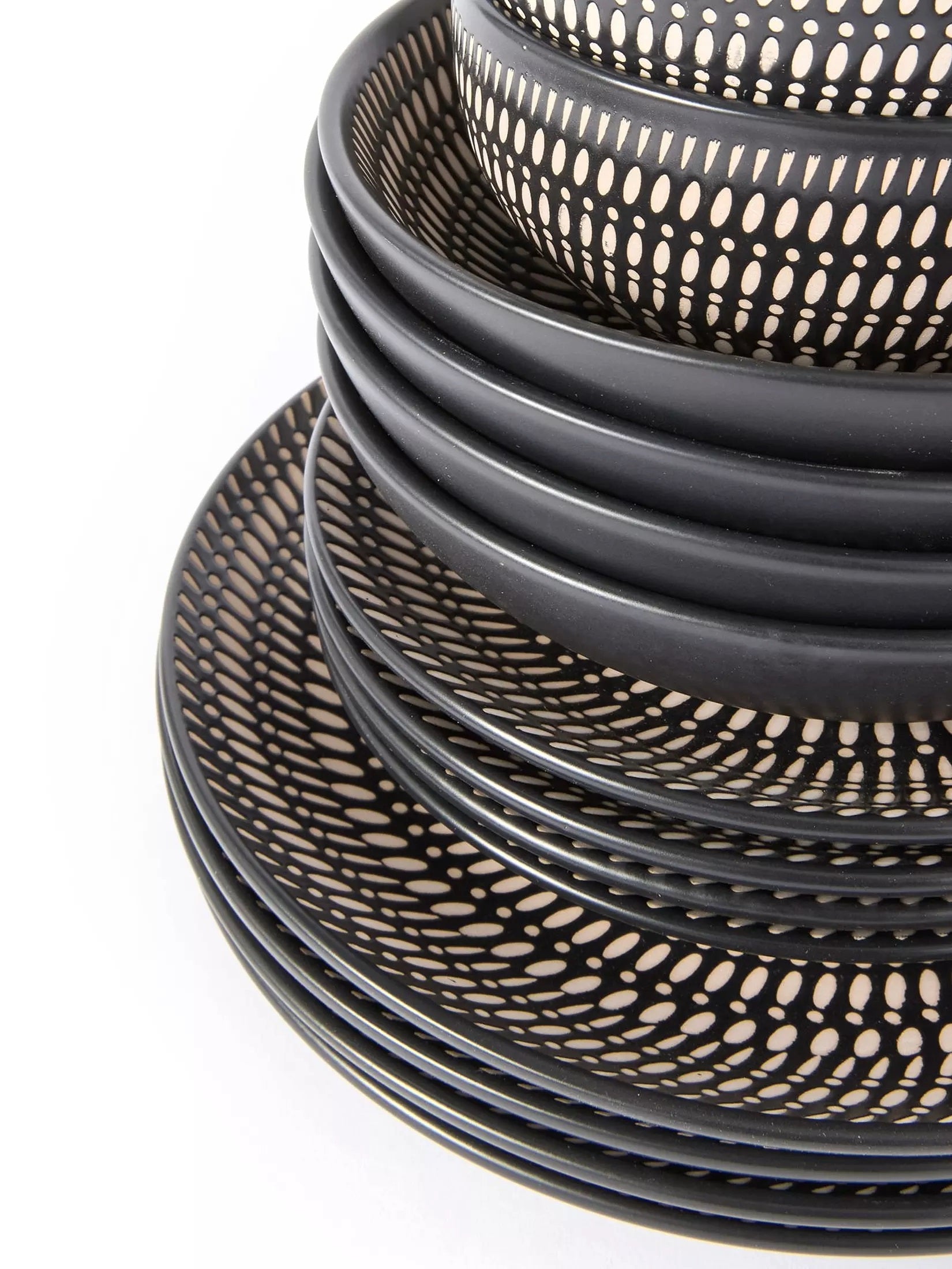 Waterside 16pc Black & Cream Dash Stoneware Dinner Set, 4 Dinner Plates, Side Plates, Deep Bowls and Soup Bowls