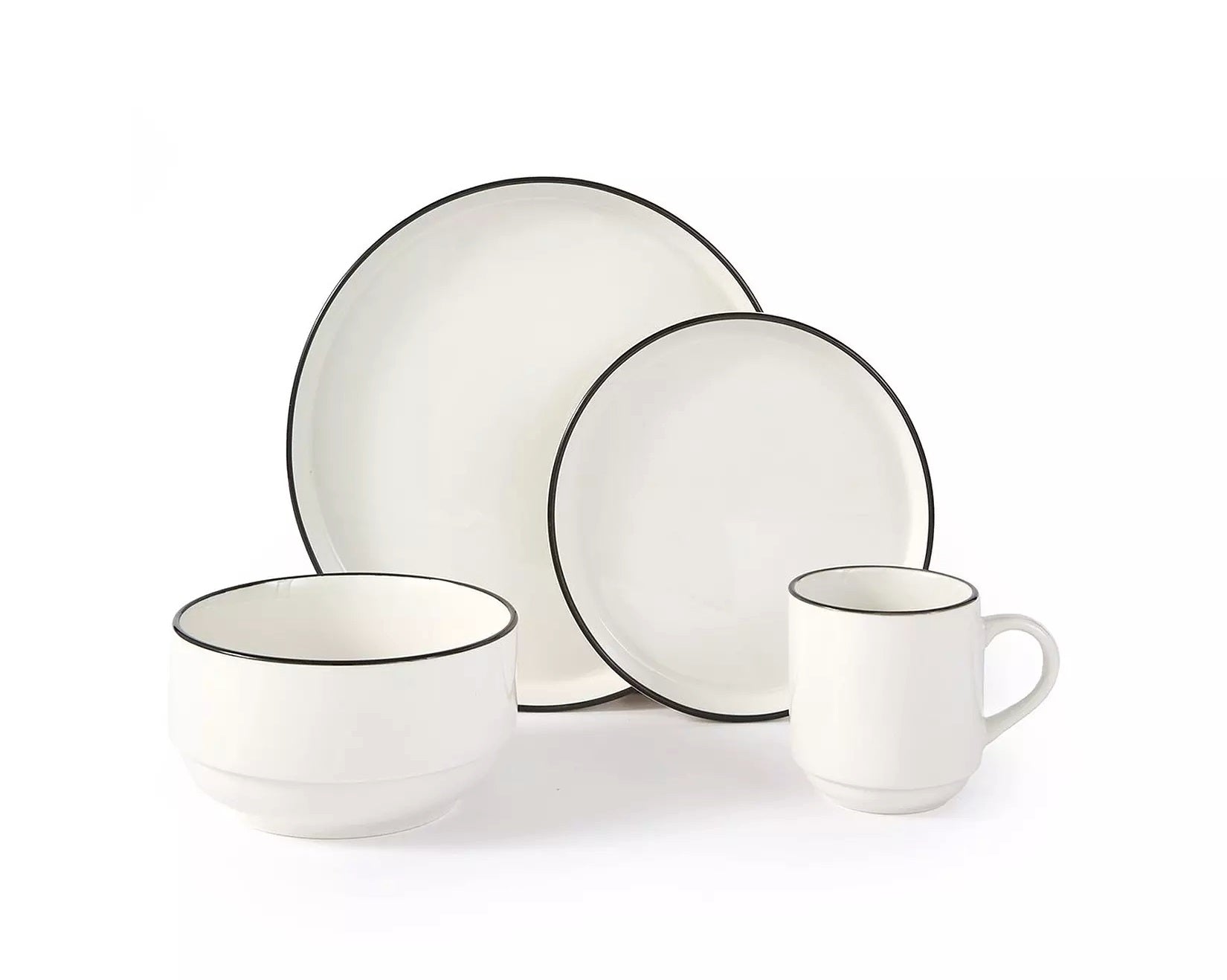Waterside 16pc Stackable White with Black Rim Porcelain Dinner Set (video included)