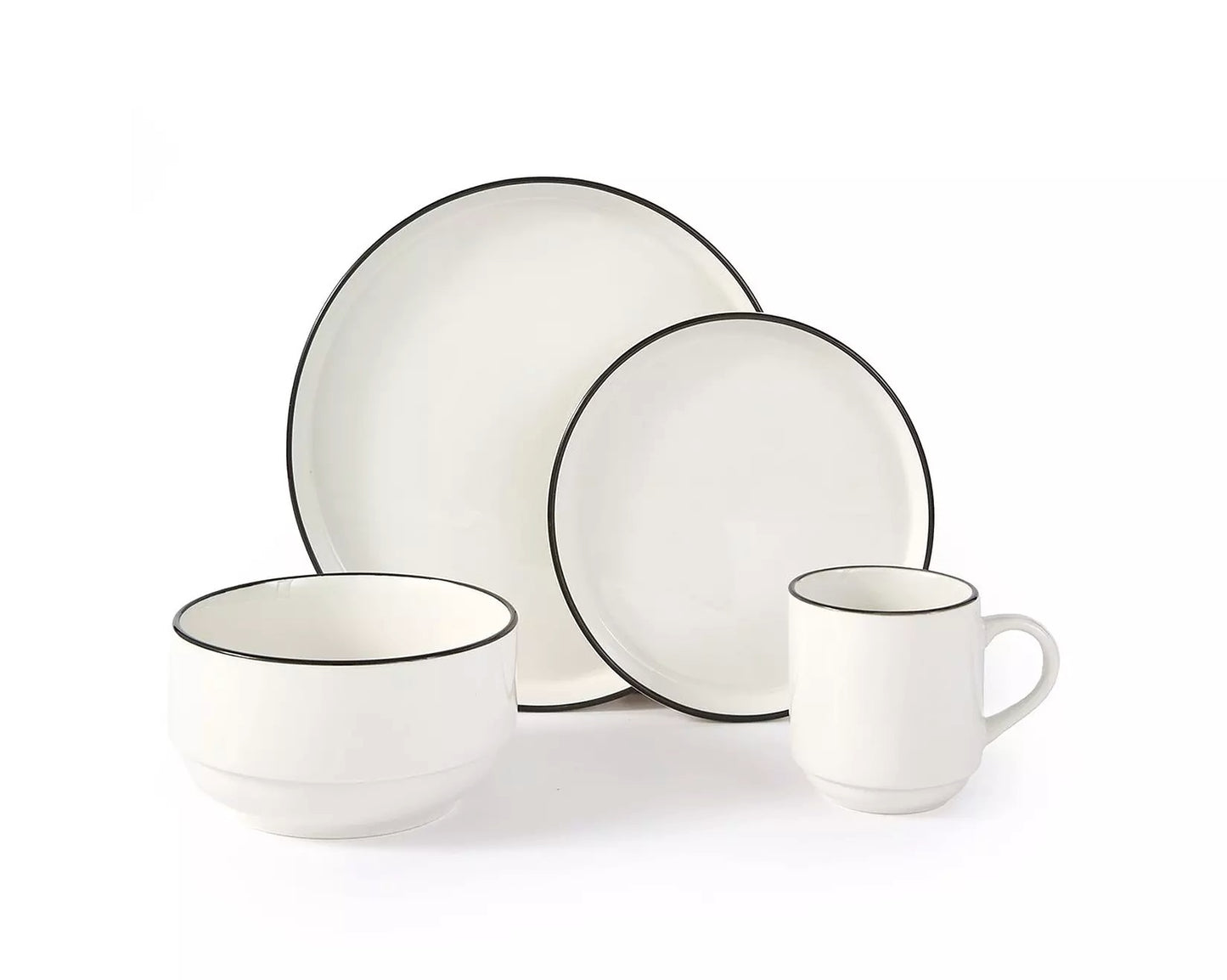 Stackable White with Black Rim Porcelain Dinner Set, 16 Pieces