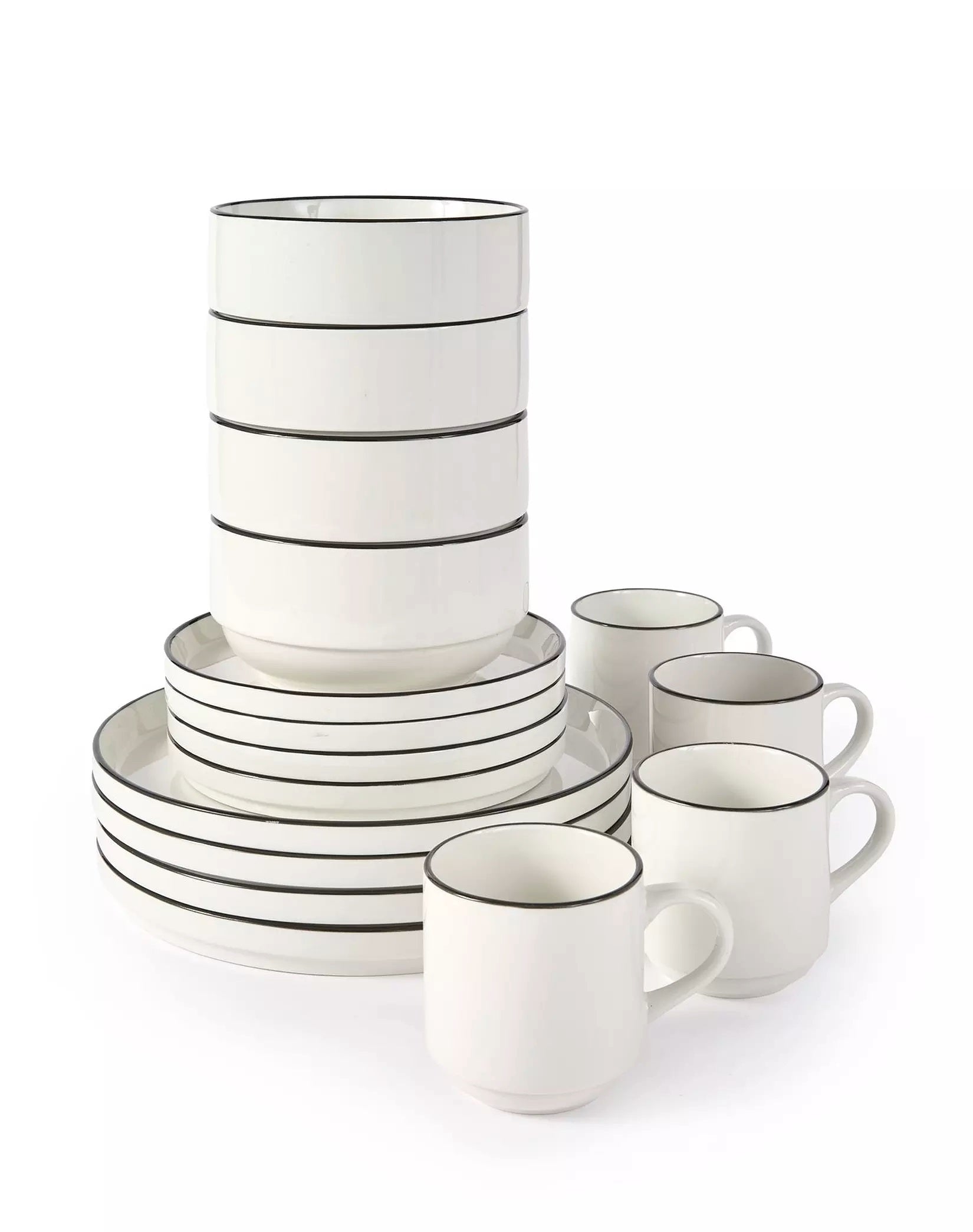 Waterside 16pc Stackable White with Black Rim Porcelain Dinner Set (video included)
