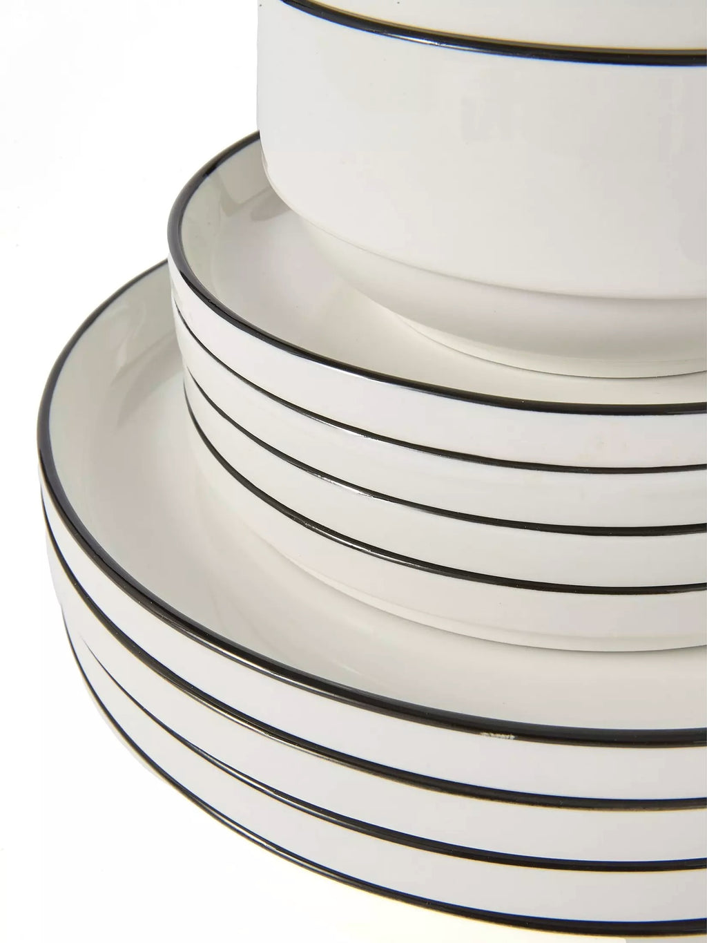 Waterside 16pc Stackable White with Black Rim Porcelain Dinner Set (video included)