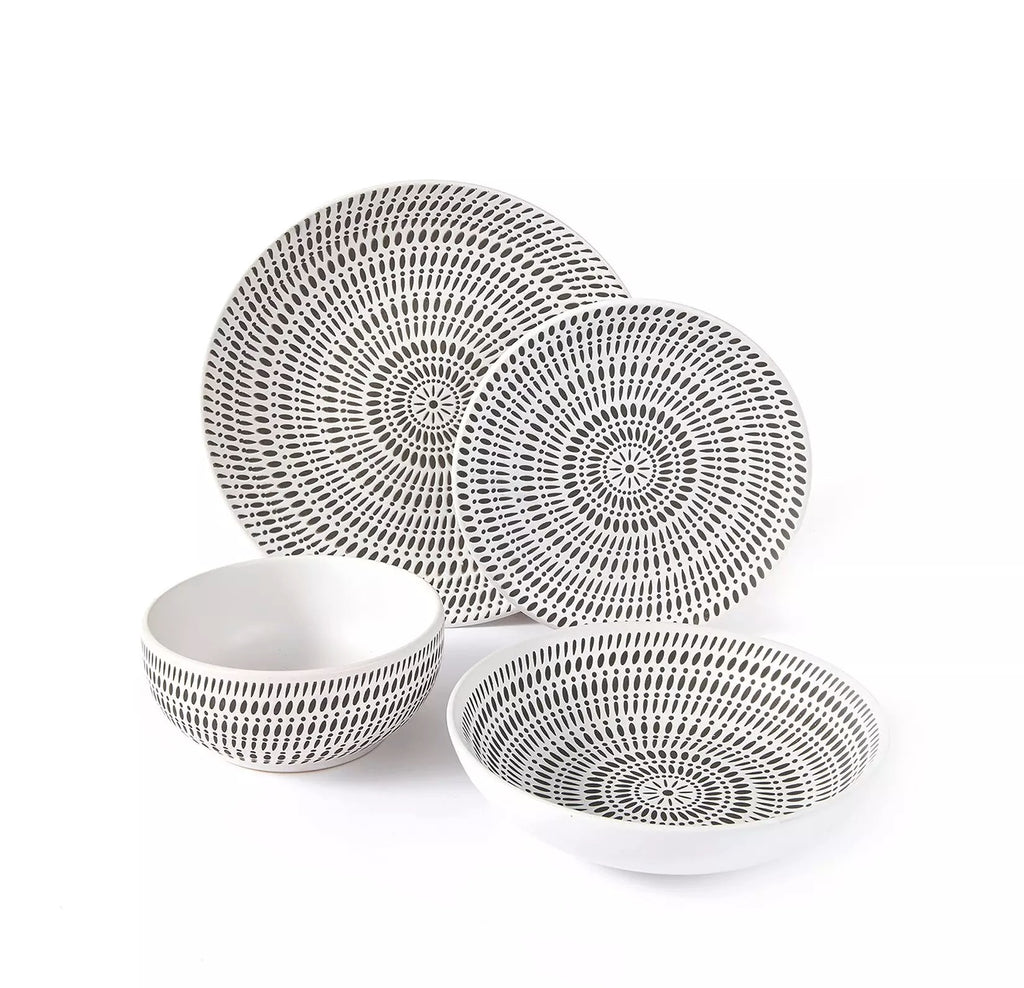*** SPECIAL OFFER *** Waterside 16pc White Dash Stoneware Dinner Set; 4 Dinner Plates, Side Plates, Deep Bowls & Shallow Bowls