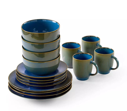 Reactive Glaze Blue Stoneware Dinner Set, 16 Pieces