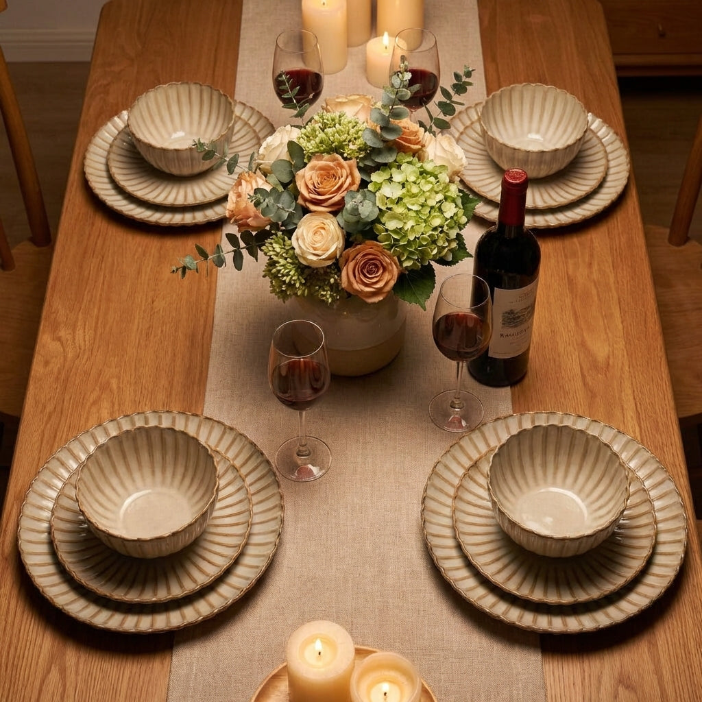 Waterside 12pc Cream Petal Reactive Glaze Dinnerware Set (video attached)