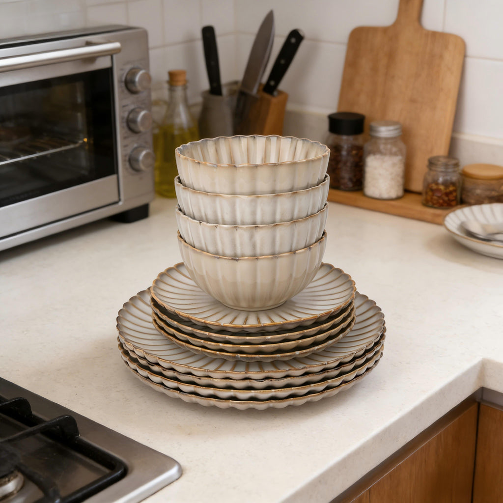 Waterside 12pc Cream Petal Reactive Glaze Dinnerware Set (video attached)