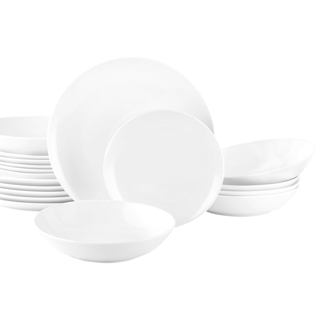 Waterside 18pc White Coupe Porcelain Dinnerware Set; 6 Dinner Plates, Side Plates & Bowls (video attached)