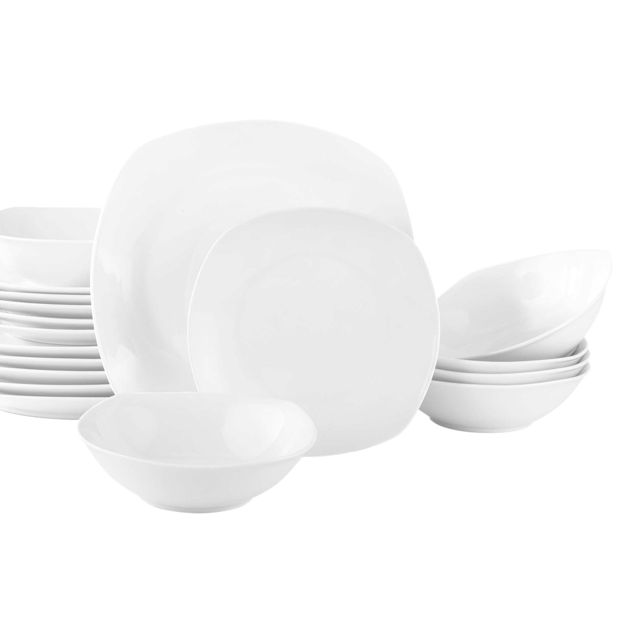 A set of white porcelain dinnerware, including square plates and bowls, arranged for a meal.
