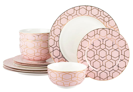 12pc Tallulah Pink & Gold Dinner Set
