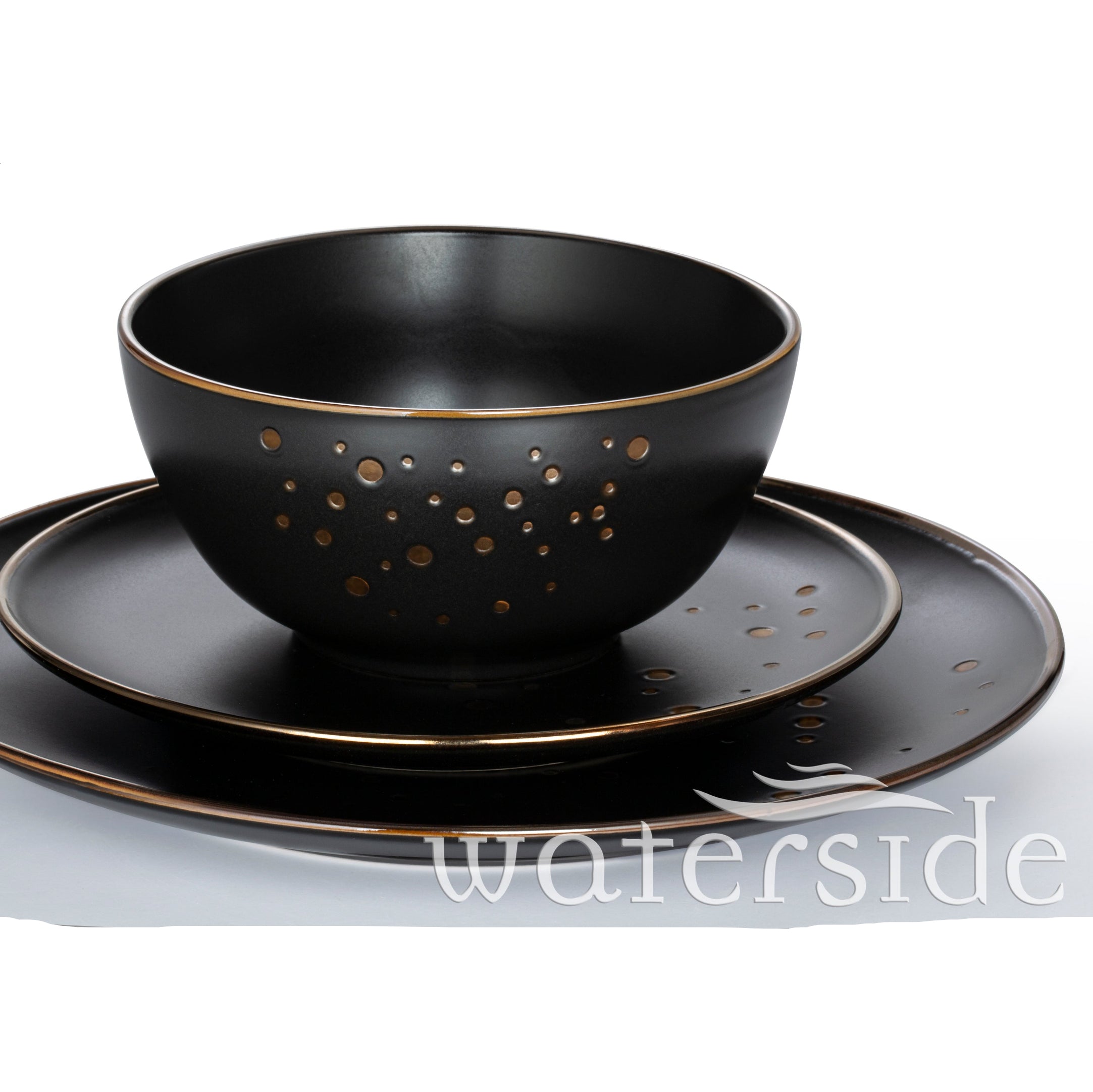 Waterside 12pc Midnight Black & Gold Christmas Stoneware Dinnerware Set
