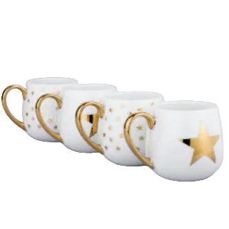*** SPECIAL OFFER ***   Shiny Gold Star Porcelain Hug Mugs, 4 Pieces