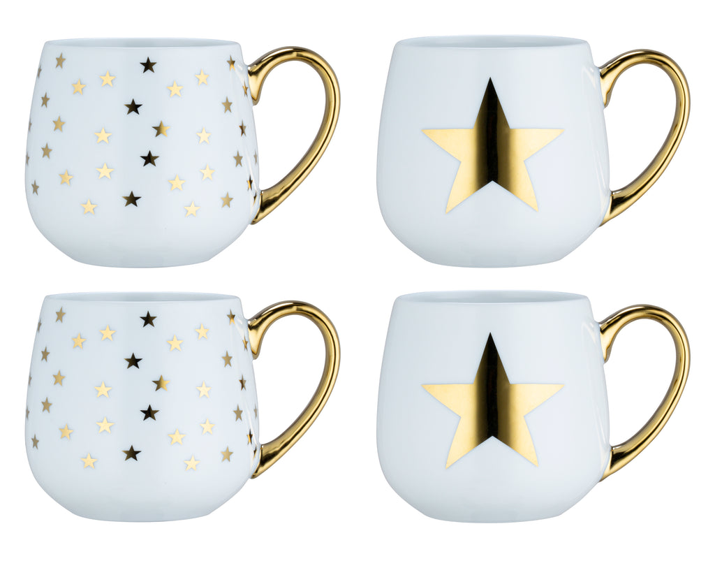 *** SPECIAL OFFER ***   Shiny Gold Star Porcelain Hug Mugs, 4 Pieces