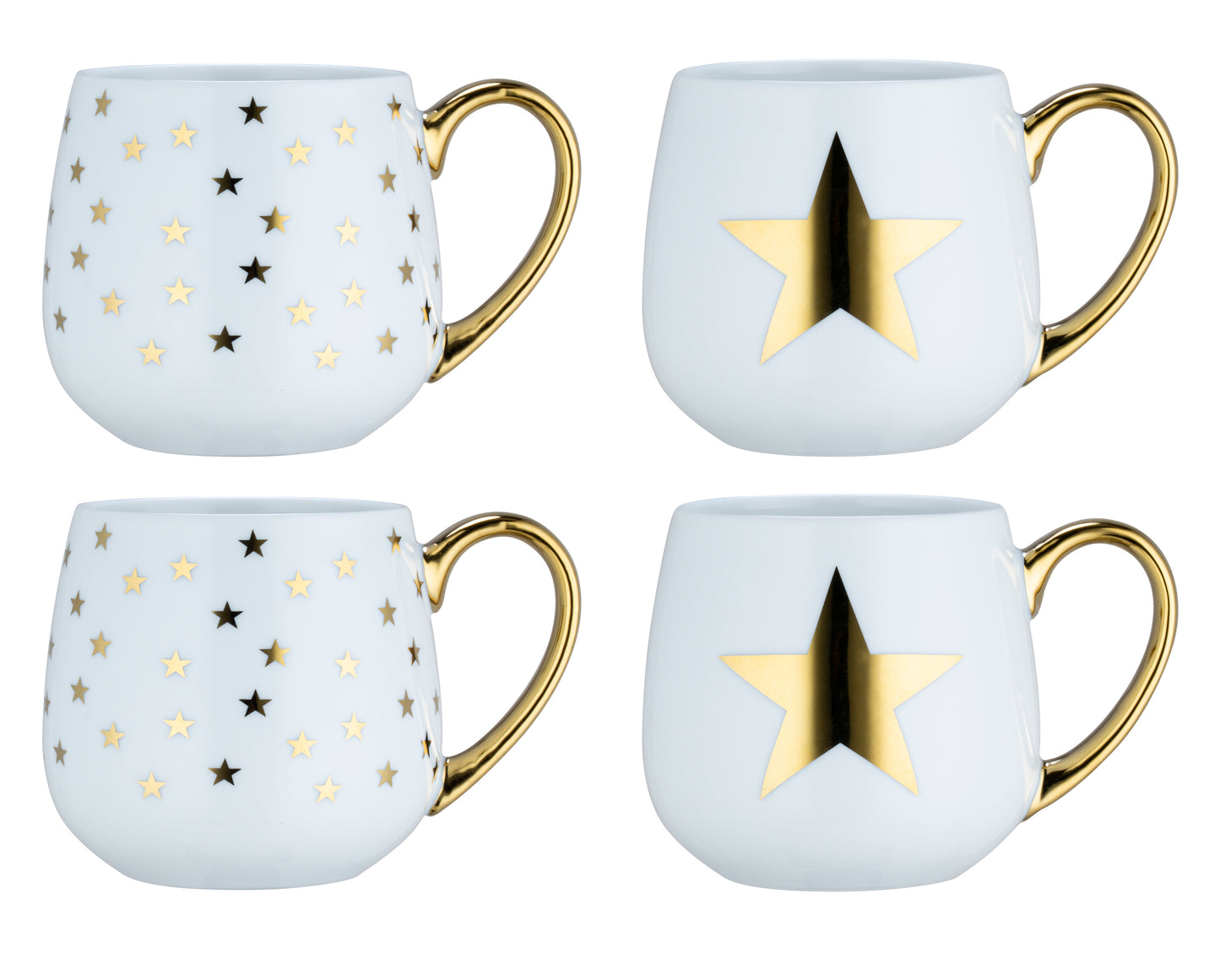 *** SPECIAL OFFER ***   Shiny Gold Star Christmas Porcelain Hug Mugs, 4 Pieces