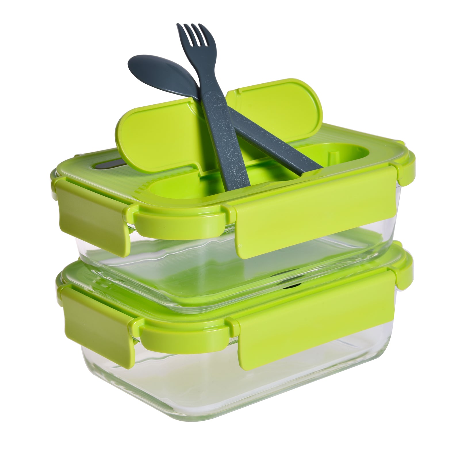 A set of two green glass food lunch containers with a fork and spoon inside, featuring snap-on lids.