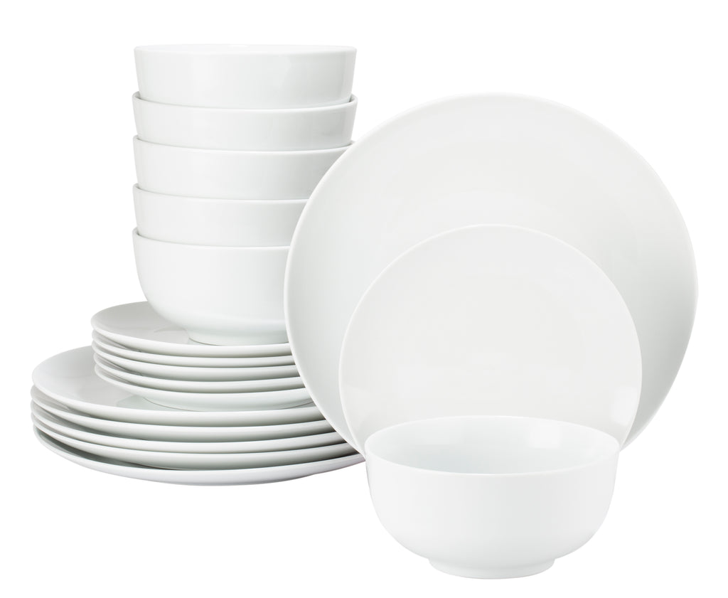 Waterside Premium Super White Dinnerware Set, 18 Pieces - 6 Dinner Plates, Side Plates & Deep Bowls