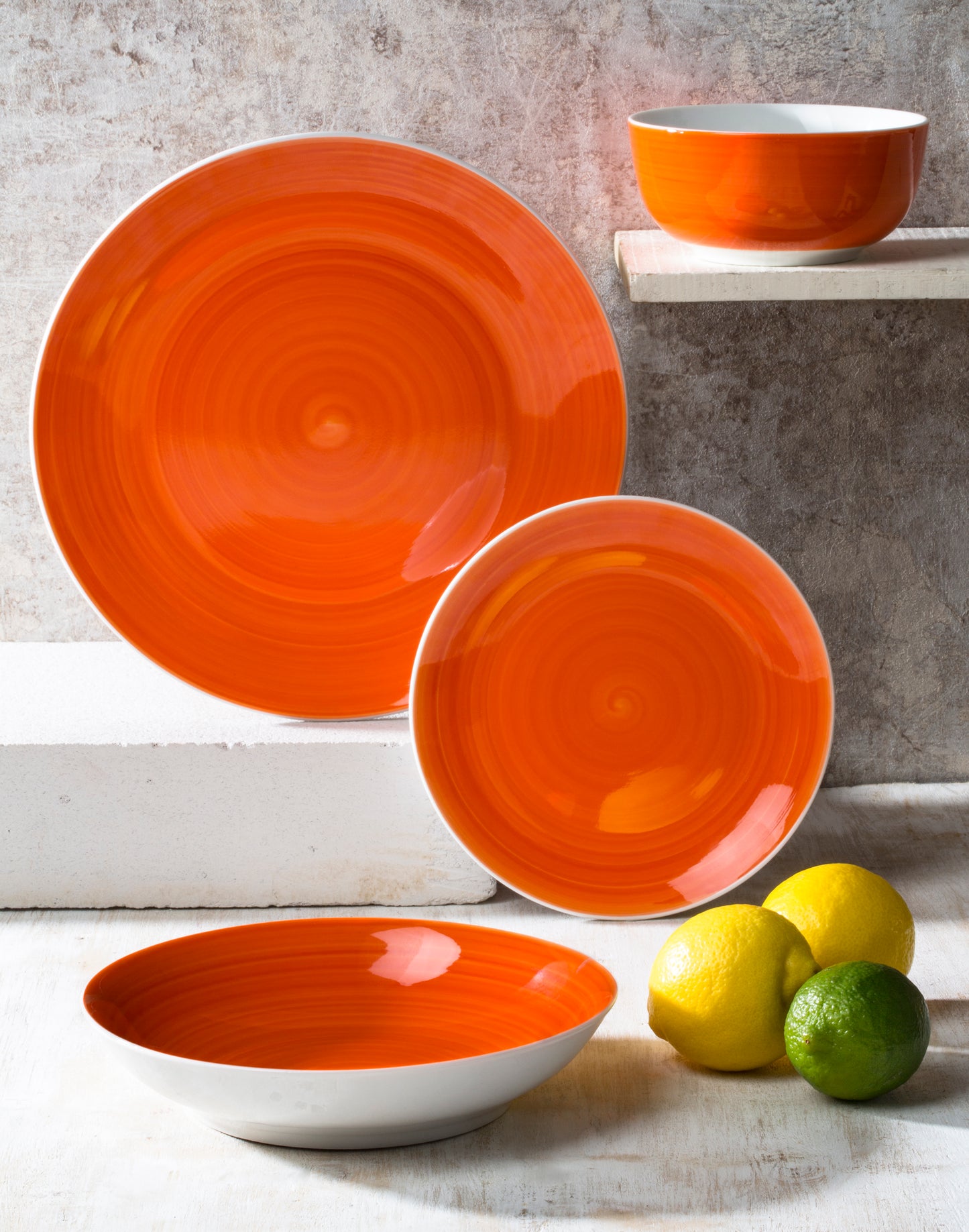 Flame Orange Porcelain Spin Wash Dinnerware Set, 16 Pieces