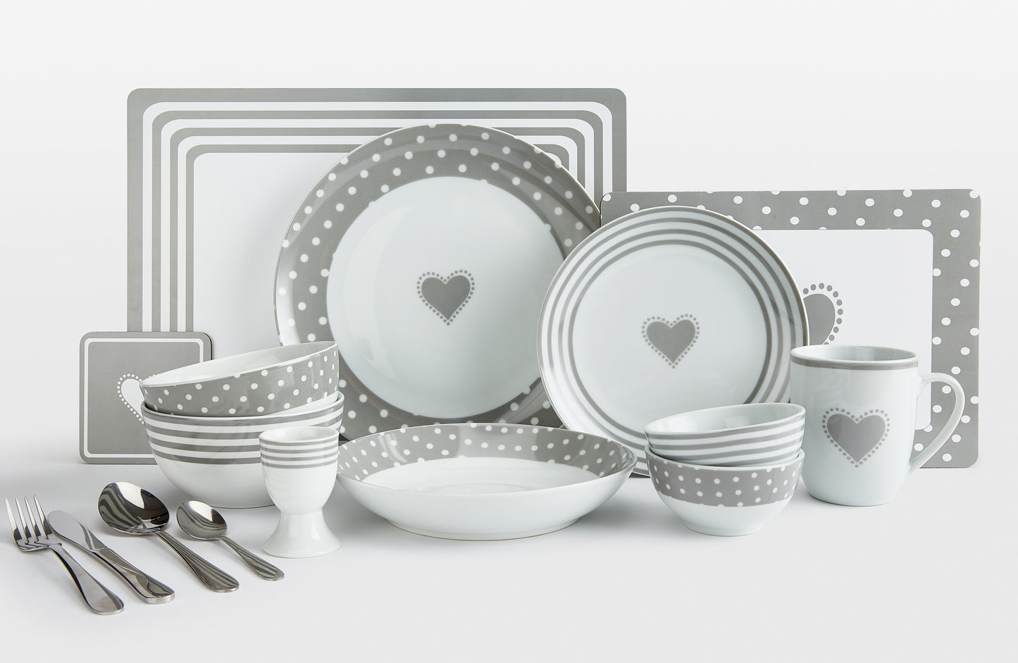 Grey Heart Combination Tableware Set; Porcelain, Placemats and Cutlery, 80 Pieces