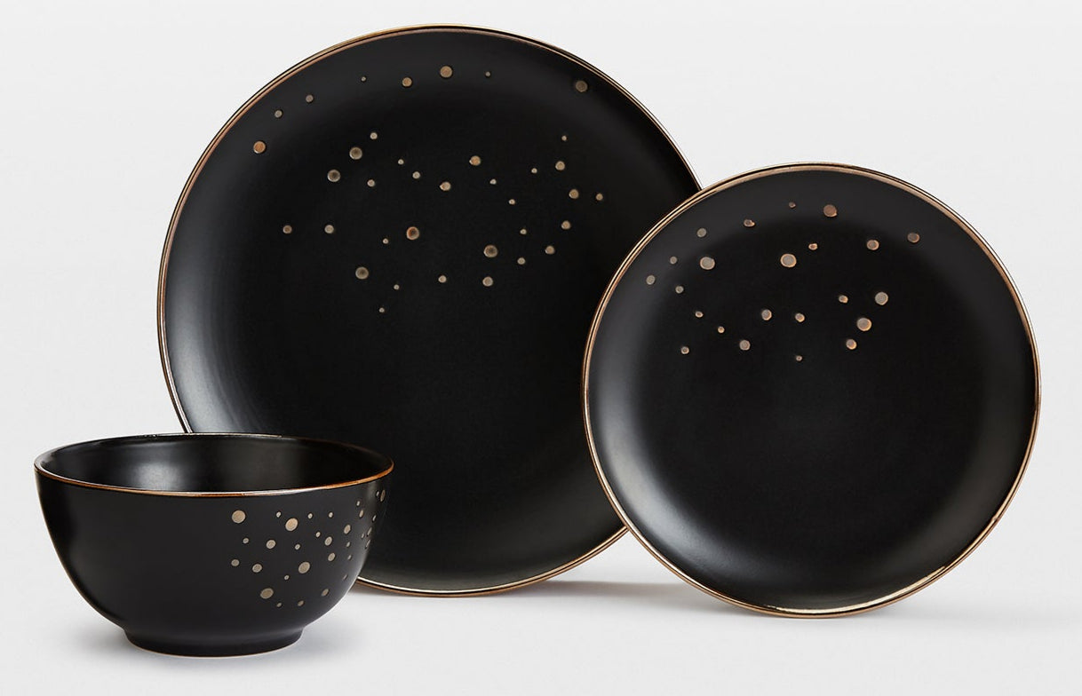 Midnight Black & Gold Christmas Stoneware Dinnerware Set, 12 Pieces