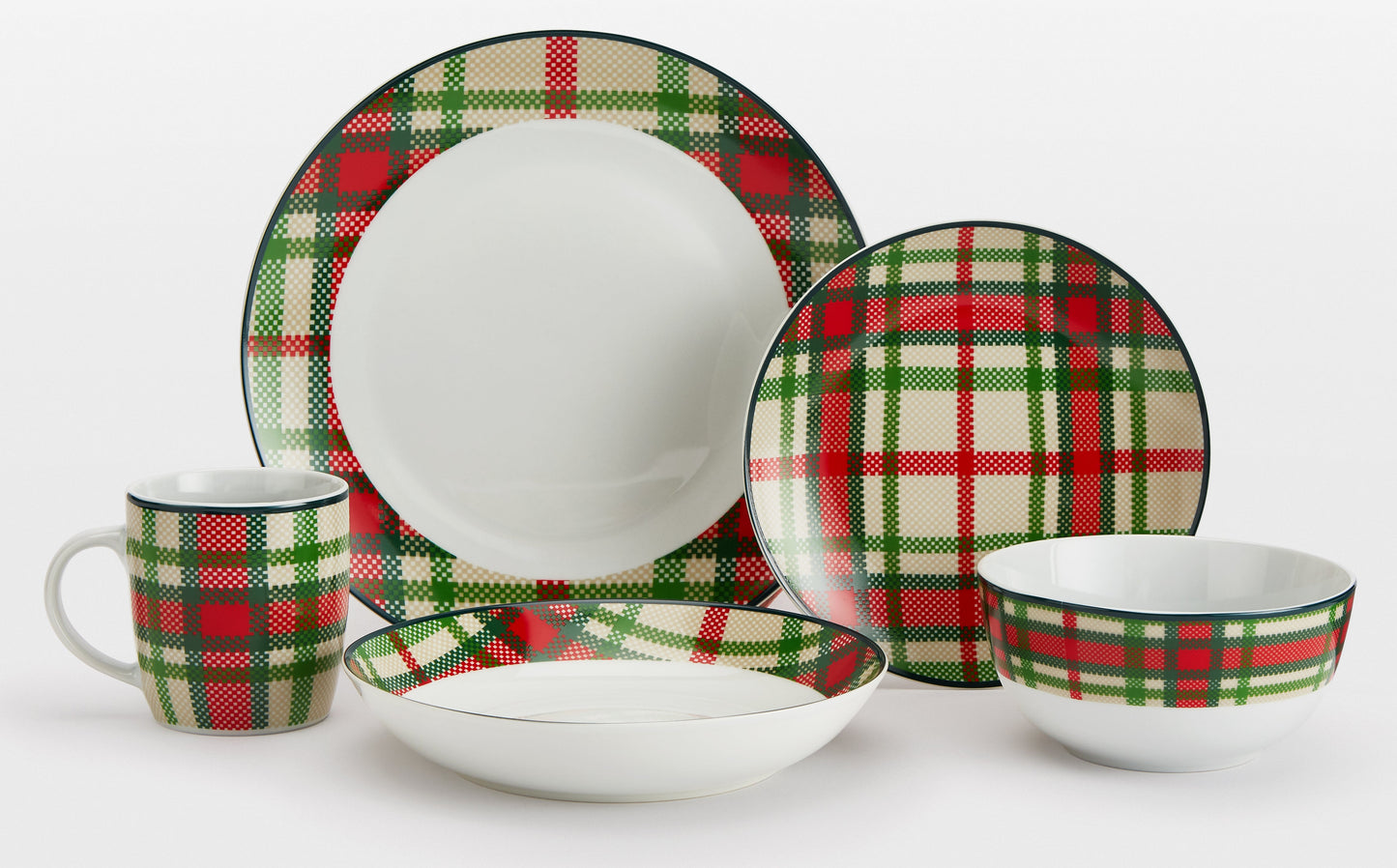 Green Tartan Porcelain Dinnerware Set, 30 Pieces