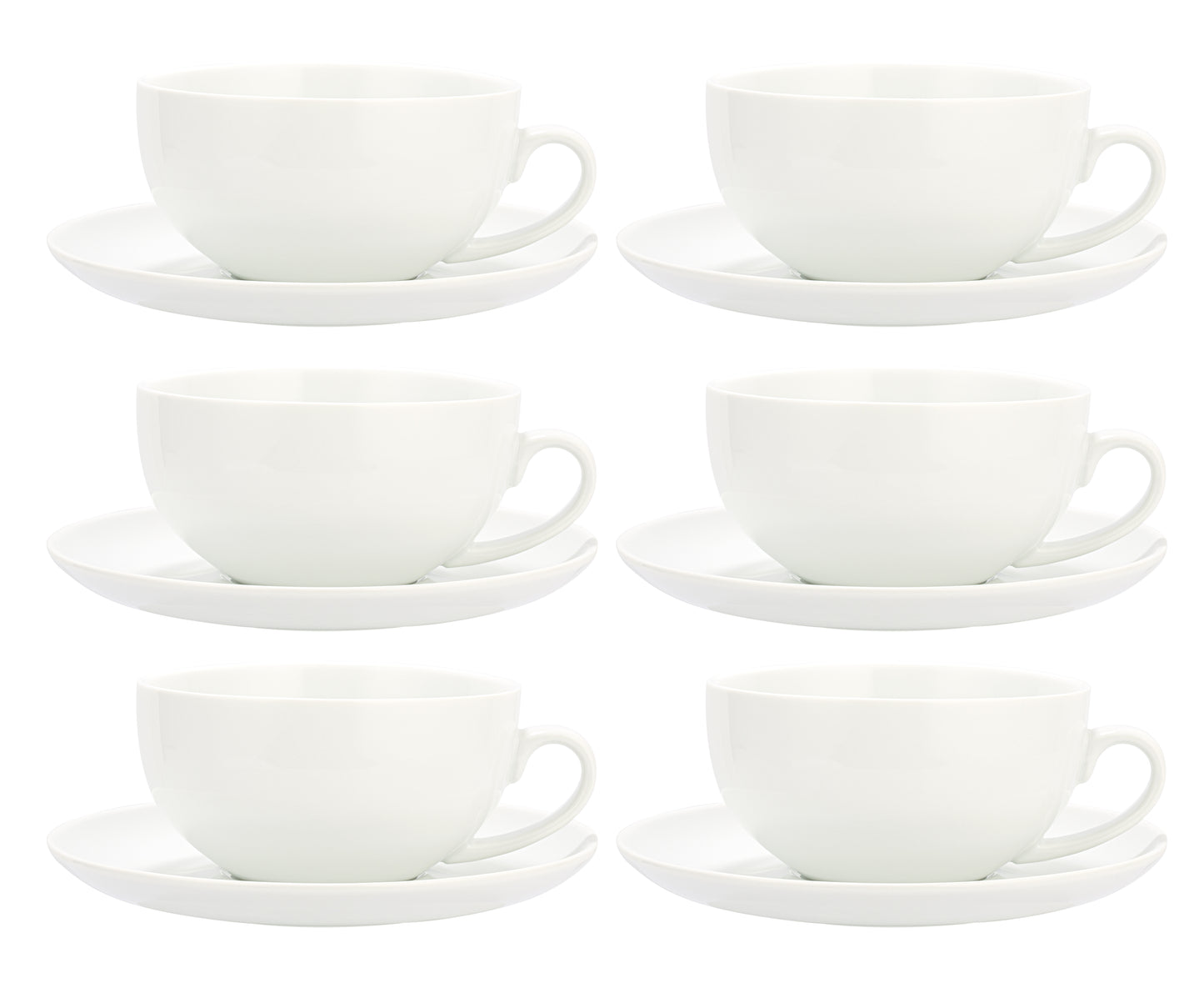 Large Cappuccino Porcelain Cups & Saucers, 6 Pieces